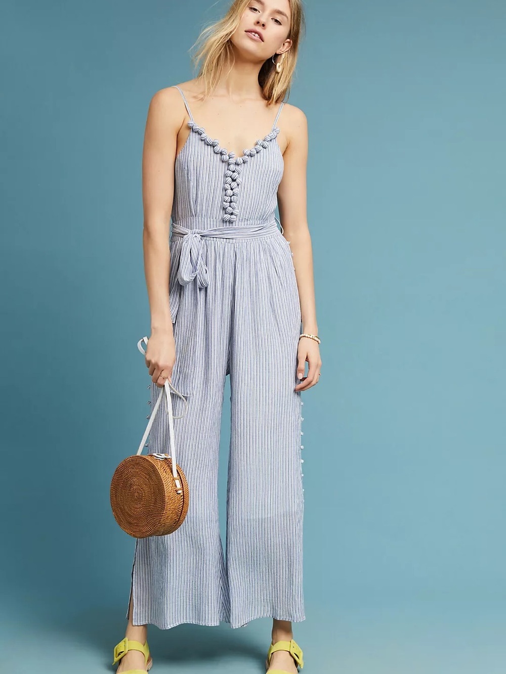Anthropologie Maeve Jumpsuit Size 0 Blue Maritime Pom Pom White Stripe Crinkled